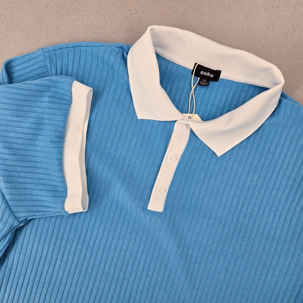 Ouku Mens NWT 2XL Polo Shirt Blue Ribbed Textured Short Sleeve Sporty Preppy